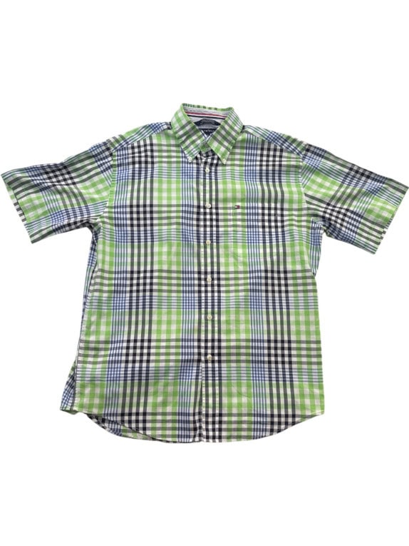 TOMMY HILFIGER CAMICIA A MANICHE CORTE CLASSICA A QUADRI VERDE BLU UOMO PRE OWNED M