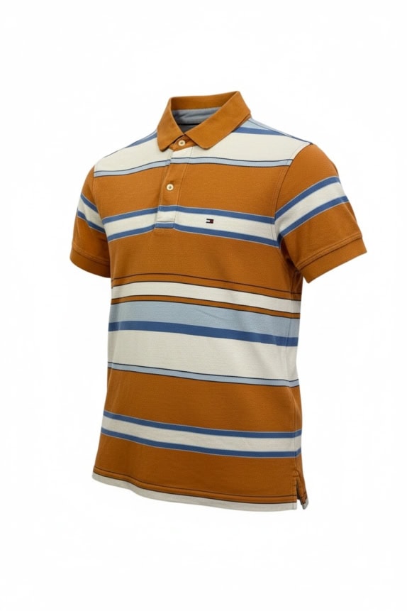TOMMY HILFIGER Polo a righe stile vintage con logo arancione/blu da uomo XS