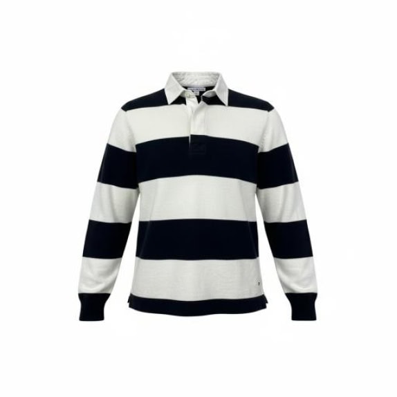 TOMMY HILFIGER polo lavorato a maglia a righe blu/bianco con logo sul retro - S
