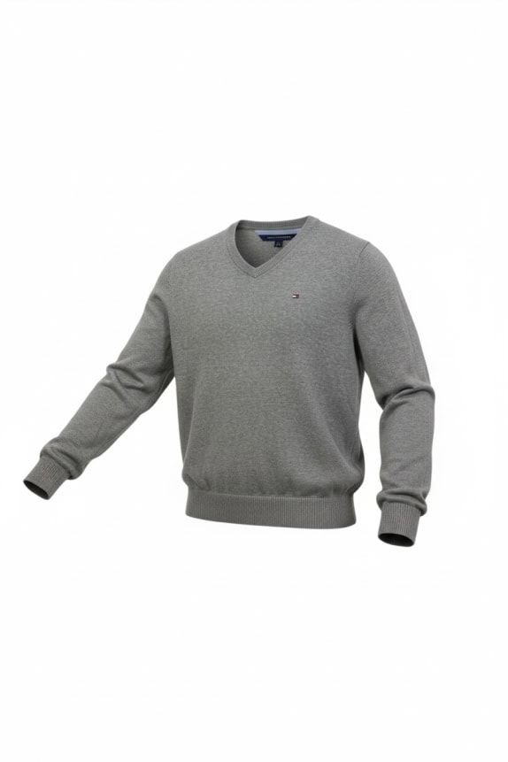 TOMMY HILFIGER Πλεκτό Πουλόβερ V-Neck Logo Γκρι Ανδρικό