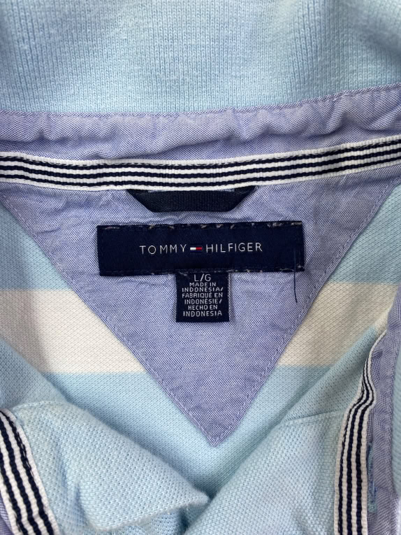 TOMMY HILFIGER Striped Polo Shirt Classic Logo Light Blue Men's L