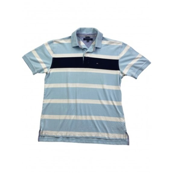 TOMMY HILFIGER Striped Polo Shirt Classic Logo Light Blue Men's L