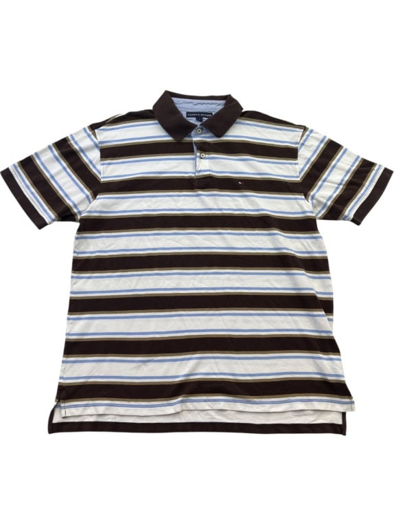 TOMMY HILFIGER POLO SHIRT RUGBY STRIPED BROWN AND WHITE ΑΝΤΡΙΚΟ PRE OWNED XL
