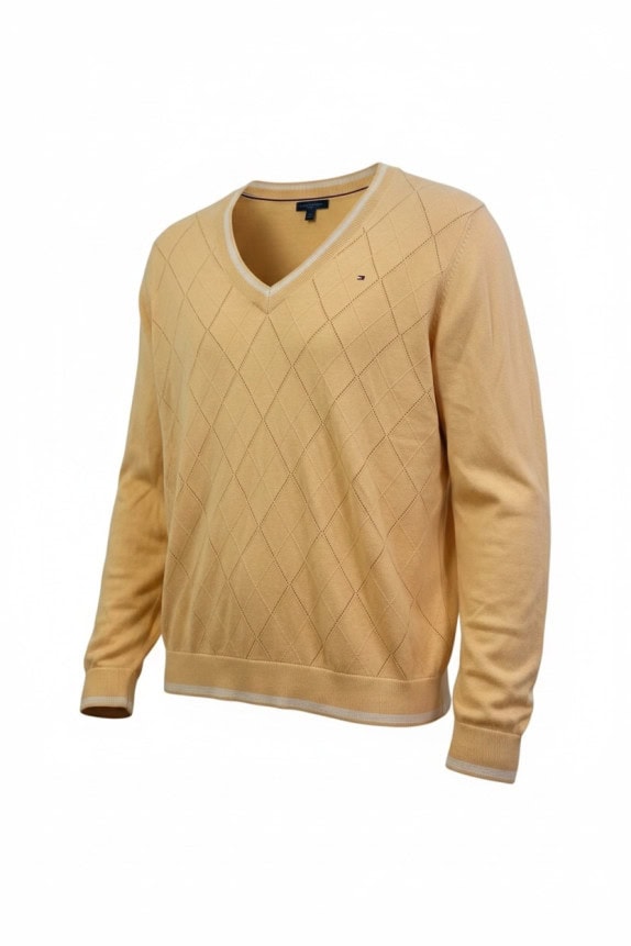 TOMMY HILFIGER V NECK SWEATER CLASSIC BEIGE MEN PRE OWNED L