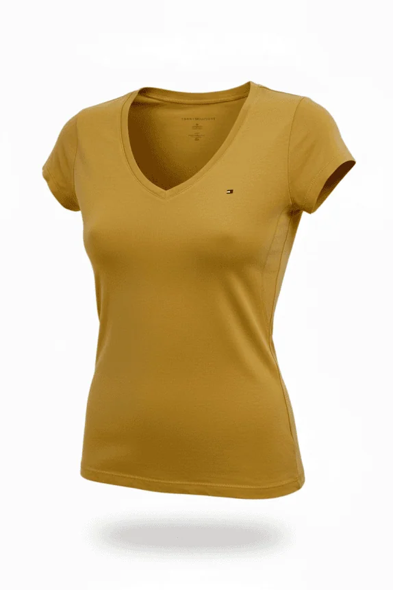 TOMMY HILFIGER T-SHIRT V-NECK CASUAL FLAG LOGO ΜΟΥΣΤΑΡΔΙ ΓΥΝΑΙΚΕΙΟ S