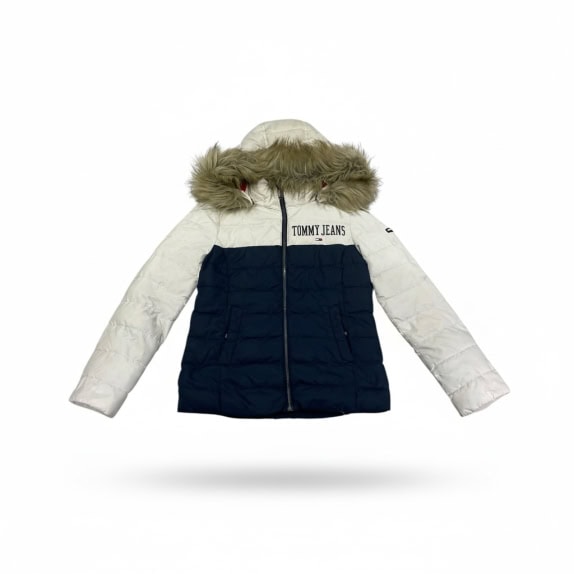 TOMMY JEANS WOMEN'S PUFFER JACKET WITH FUR HOOD TWO-TONE WHITE-NAVY S