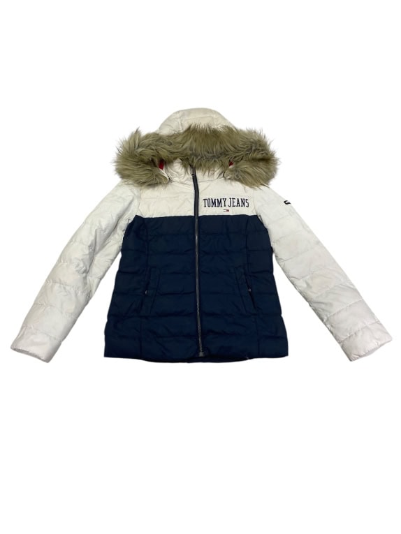 TOMMY JEANS giacca da donna imbottita con cappuccio e pelliccia bicolore bianco-blu S