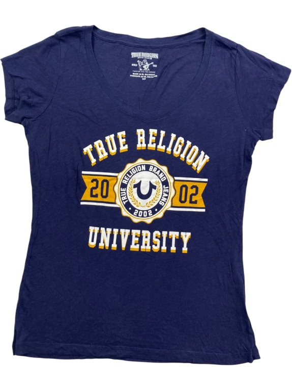 TRUE RELIGION T-SHIRT UNIVERSITY BIG LOGO BLU DA DONNA S