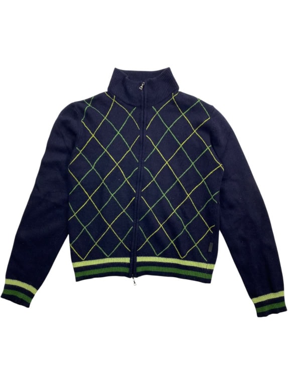 VINTAGE BELFE GIACCA CON CERNIERA LAVORAZIONE ARGYLE BLU/VERDE DA DONNA M