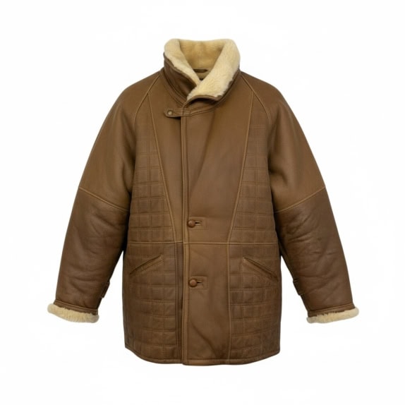 VINTAGE WOMEN'S BROWN LEATHER MOUTON COAT L/XL