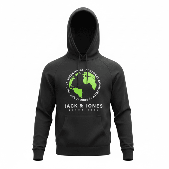 VINTAGE JACK & JONES CORE HOODIE ΜΕ GLOBAL COMMUNITY PRINT ΜΑΥΡΟ ΑΝΔΡΙΚΟ L