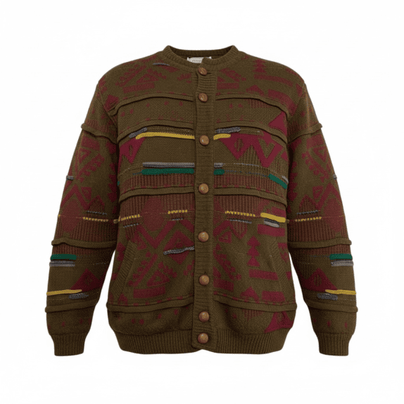 VINTAGE JOHN TAILOR cardigan lavorato a maglia con motivi geometrici multicolore da uomo L XL