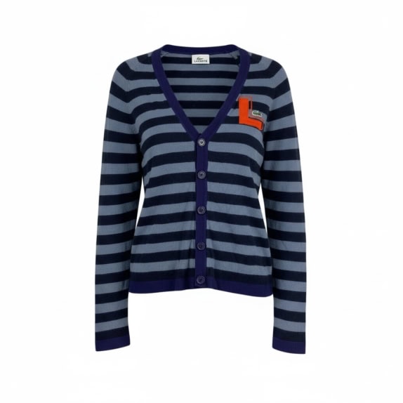VINTAGE LACOSTE KNITTED CARDIGAN STRIPED BLUE WOMEN XS