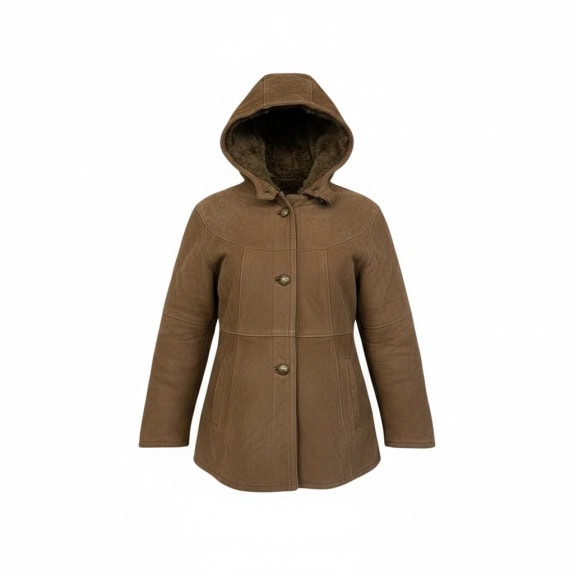 VINTAGE MUFLONE WOMEN'S LEATHER SHEARLING HOODED COAT M/L