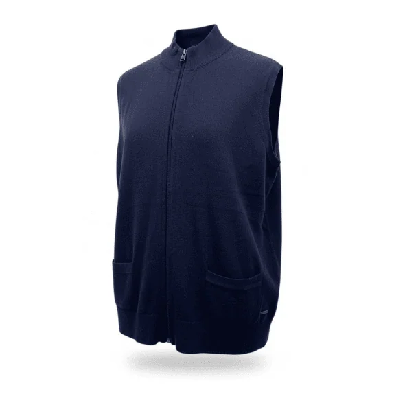 VINTAGE PIERRE CARDIN KNITTED ZIP UP VEST NAVY BLUE MENS L
