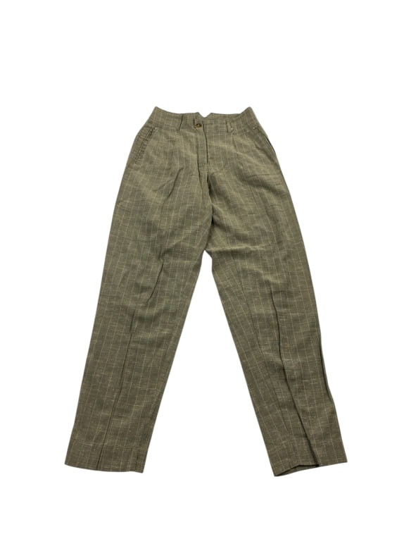 Pantaloni vintage Schön da donna con pieghe e motivo a quadri color oliva XXS