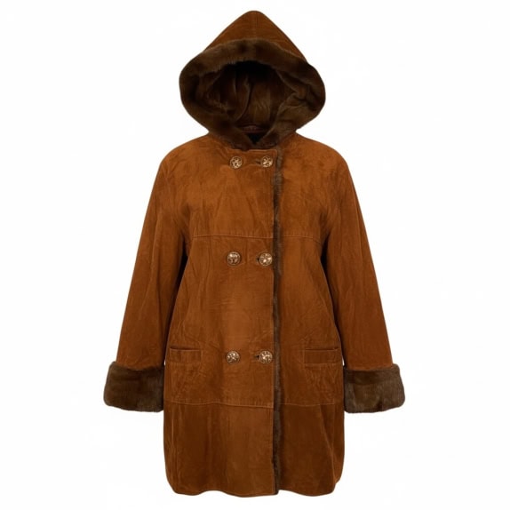 VINTAGE SEM WOMEN'S SUEDE COAT WITH HOOD AND FUR DETAILS IN TAN COLOR XL/XXL