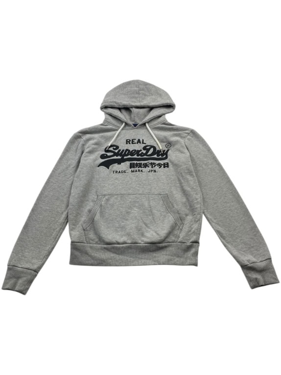 VINTAGE SUPERDRY HOODIE LOGO PRINT GREY WOMEN M