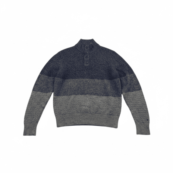 VINTAGE TOMMY HILFIGER ΠΛΕΚΤΟ ΠΟΥΛΟΒΕΡ ΜΕ ΚΟΥΜΠΙΑ ΜΠΛΕ ΓΚΡΙ ΑΝΔΡΙΚΟ L