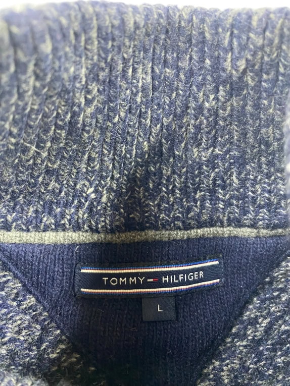 VINTAGE TOMMY HILFIGER ΠΛΕΚΤΟ ΠΟΥΛΟΒΕΡ ΜΕ ΚΟΥΜΠΙΑ ΜΠΛΕ ΓΚΡΙ ΑΝΔΡΙΚΟ L
