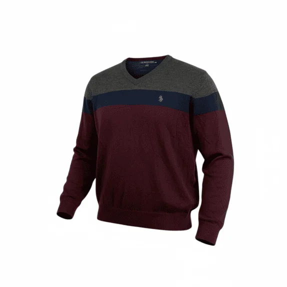 VINTAGE U.S. POLO ASSN. maglia lavorata a maglia con scollo a V tricolore bordeaux da uomo XXL