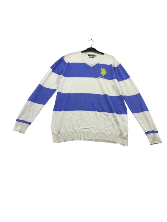 VINTAGE U.S. POLO ASSN. ΠΛΕΚΤΟ ΠΟΥΛΟΒΕΡ ΡΙΓΕ ΛΕΥΚΟ ΜΠΛΕ ΑΝΔΡΙΚΟ L