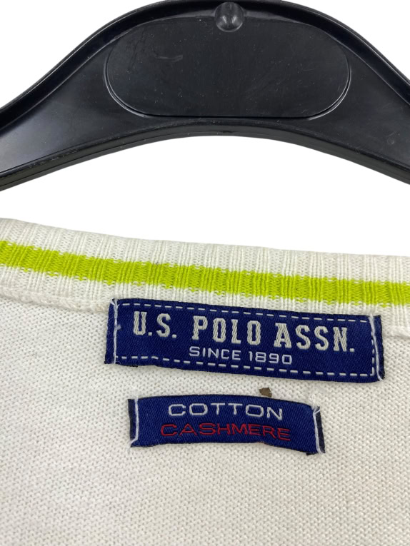 VINTAGE U.S. POLO ASSN. ΠΛΕΚΤΟ ΠΟΥΛΟΒΕΡ ΡΙΓΕ ΛΕΥΚΟ ΜΠΛΕ ΑΝΔΡΙΚΟ L