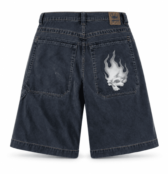 Y2K JNCO Jeans Φαρδιά Τζιν Βερμούδα με Φλεγόμενη Νεκροκεφαλή – XL – PRE OWNED
