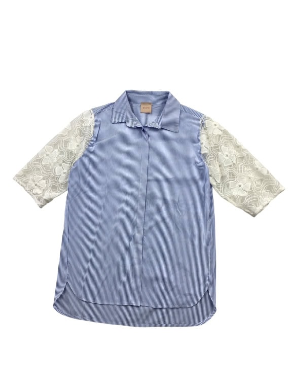 ZETA OTTO Camicia vintage a righe con pizzo blu-bianco da donna L