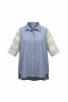 ZETA OTTO Camicia vintage a righe con pizzo blu-bianco da donna L